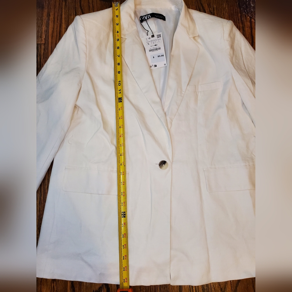 Zara Ecru Linen Blend Belted One Button Blazer - Picture 10 of 16